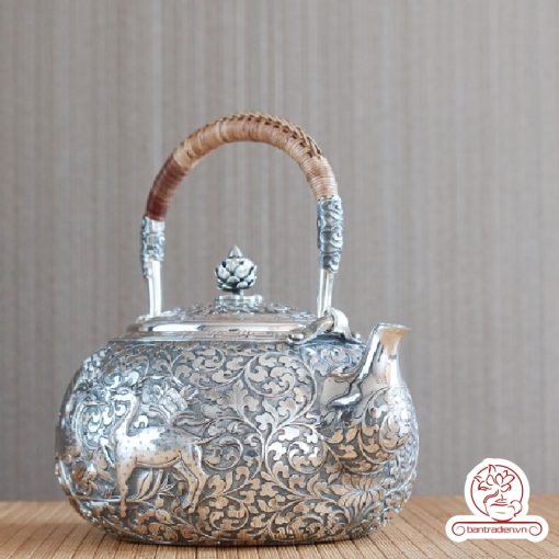 ấm bạc đun nước pha trà nguyên chất 9999 cao cấp chế tác thủ công toàn phần, ấm đun nước bạc nguyên chất