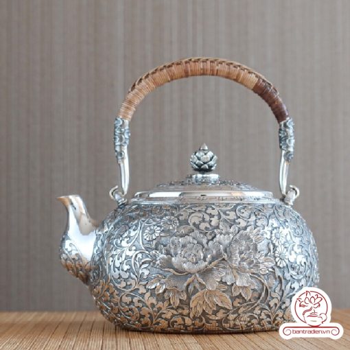 ấm bạc đun nước pha trà nguyên chất 9999 cao cấp chế tác thủ công toàn phần, ấm đun nước bạc nguyên chất