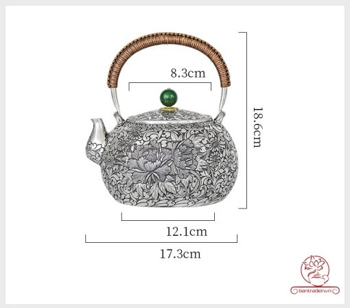 ấm bạc đun nước pha trà nguyên chất 9999 cao cấp chế tác thủ công toàn phần, ấm đun nước bạc nguyên chất