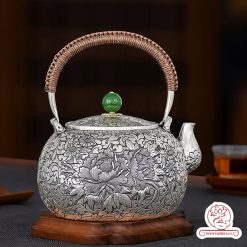 ấm bạc đun nước pha trà nguyên chất 9999 cao cấp chế tác thủ công toàn phần, ấm đun nước bạc nguyên chất