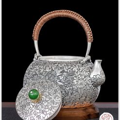 ấm bạc đun nước pha trà nguyên chất 9999 cao cấp chế tác thủ công toàn phần, ấm đun nước bạc nguyên chất