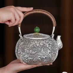 ấm bạc đun nước pha trà nguyên chất 9999 cao cấp chế tác thủ công toàn phần, ấm đun nước bạc nguyên chất