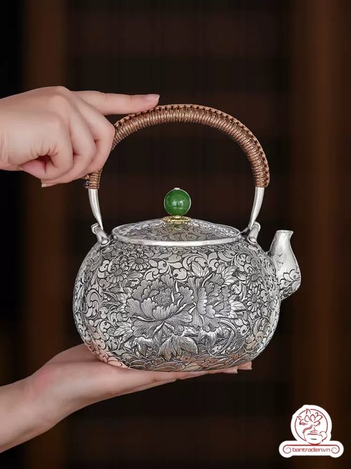 ấm bạc đun nước pha trà nguyên chất 9999 cao cấp chế tác thủ công toàn phần, ấm đun nước bạc nguyên chất