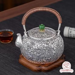 ấm bạc đun nước pha trà nguyên chất 9999 cao cấp chế tác thủ công toàn phần, ấm đun nước bạc nguyên chất