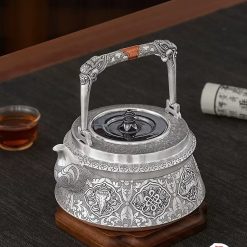 ấm bạc đun nước pha trà nguyên chất 9999 cao cấp chế tác thủ công toàn phần, ấm đun nước bạc nguyên chất