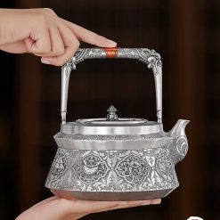 ấm bạc đun nước pha trà nguyên chất 9999 cao cấp chế tác thủ công toàn phần, ấm đun nước bạc nguyên chất