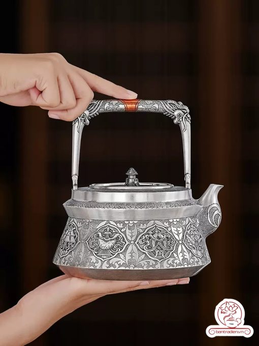 ấm bạc đun nước pha trà nguyên chất 9999 cao cấp chế tác thủ công toàn phần, ấm đun nước bạc nguyên chất