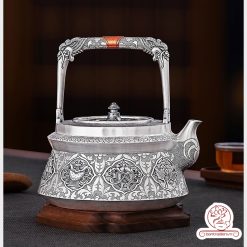 ấm bạc đun nước pha trà nguyên chất 9999 cao cấp chế tác thủ công toàn phần, ấm đun nước bạc nguyên chất