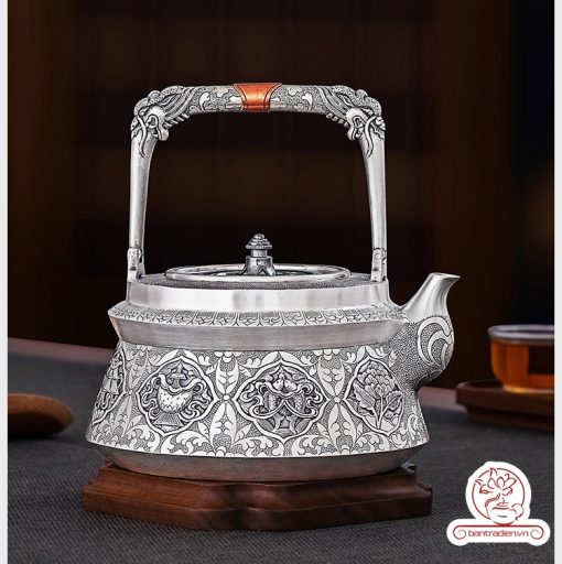 ấm bạc đun nước pha trà nguyên chất 9999 cao cấp chế tác thủ công toàn phần, ấm đun nước bạc nguyên chất