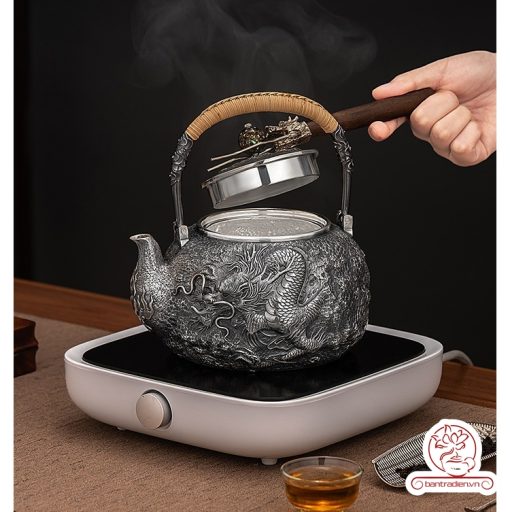 ấm bạc đun nước pha trà nguyên chất 9999 cao cấp chế tác thủ công toàn phần, ấm đun nước bạc nguyên chất