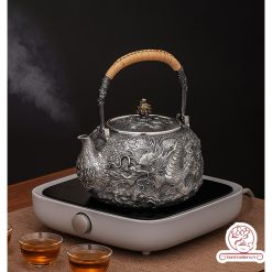 ấm bạc đun nước pha trà nguyên chất 9999 cao cấp chế tác thủ công toàn phần, ấm đun nước bạc nguyên chất