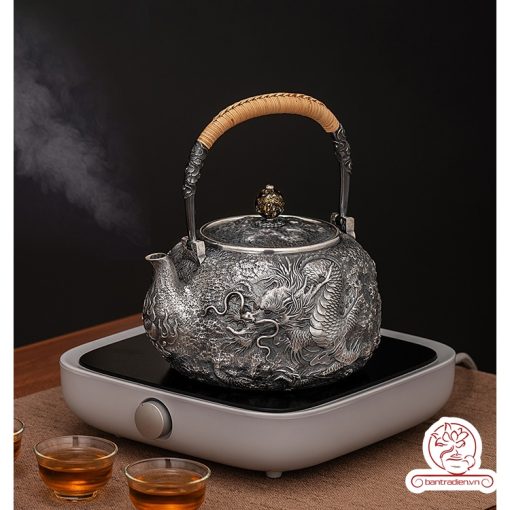 ấm bạc đun nước pha trà nguyên chất 9999 cao cấp chế tác thủ công toàn phần, ấm đun nước bạc nguyên chất