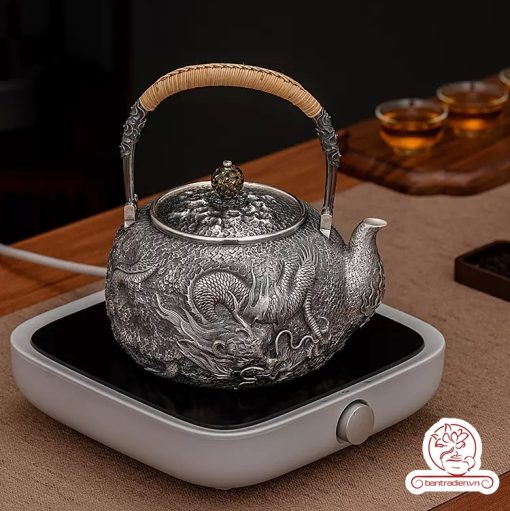 ấm bạc đun nước pha trà nguyên chất 9999 cao cấp chế tác thủ công toàn phần, ấm đun nước bạc nguyên chất