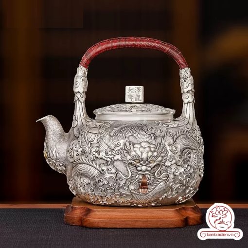 ấm bạc đun nước pha trà nguyên chất 9999 cao cấp chế tác thủ công toàn phần, ấm đun nước bạc nguyên chất