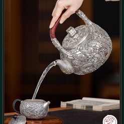 ấm bạc đun nước pha trà nguyên chất 9999 cao cấp chế tác thủ công toàn phần, ấm đun nước bạc nguyên chất