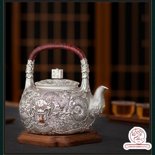 ấm bạc đun nước pha trà nguyên chất 9999 cao cấp chế tác thủ công toàn phần, ấm đun nước bạc nguyên chất
