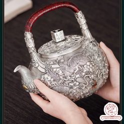 ấm bạc đun nước pha trà nguyên chất 9999 cao cấp chế tác thủ công toàn phần, ấm đun nước bạc nguyên chất