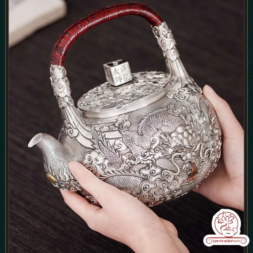 ấm bạc đun nước pha trà nguyên chất 9999 cao cấp chế tác thủ công toàn phần, ấm đun nước bạc nguyên chất