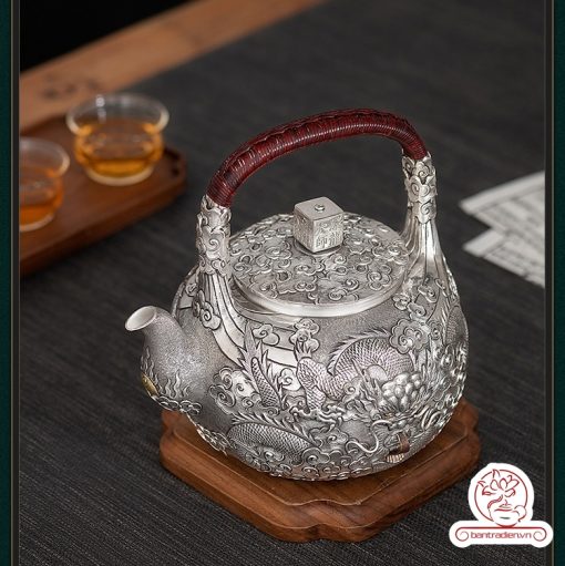 ấm bạc đun nước pha trà nguyên chất 9999 cao cấp chế tác thủ công toàn phần, ấm đun nước bạc nguyên chất
