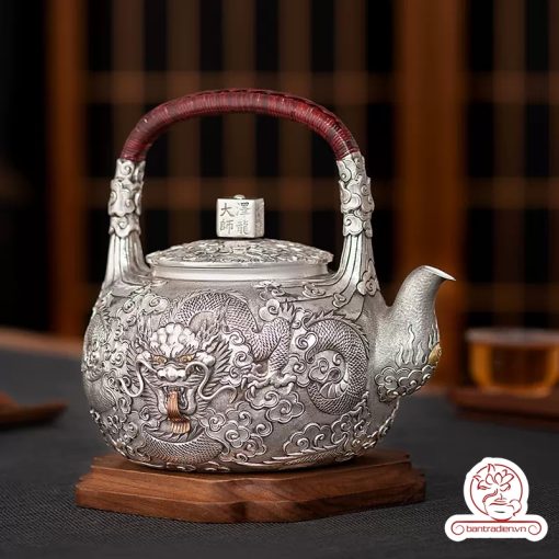 ấm bạc đun nước pha trà nguyên chất 9999 cao cấp chế tác thủ công toàn phần, ấm đun nước bạc nguyên chất
