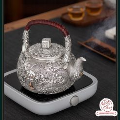 ấm bạc đun nước pha trà nguyên chất 9999 cao cấp chế tác thủ công toàn phần, ấm đun nước bạc nguyên chất