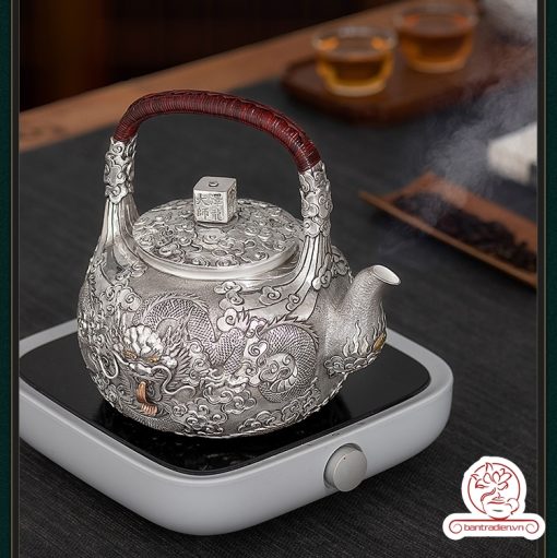 ấm bạc đun nước pha trà nguyên chất 9999 cao cấp chế tác thủ công toàn phần, ấm đun nước bạc nguyên chất