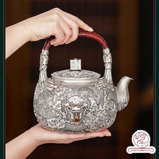 ấm bạc đun nước pha trà nguyên chất 9999 cao cấp chế tác thủ công toàn phần, ấm đun nước bạc nguyên chất