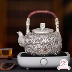 ấm bạc đun nước pha trà nguyên chất 9999 cao cấp chế tác thủ công toàn phần, ấm đun nước bạc nguyên chất