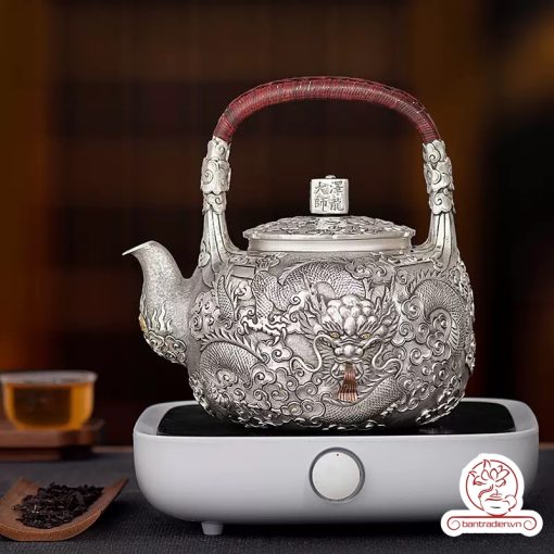 ấm bạc đun nước pha trà nguyên chất 9999 cao cấp chế tác thủ công toàn phần, ấm đun nước bạc nguyên chất