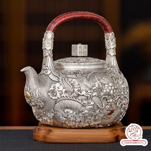 ấm bạc đun nước pha trà nguyên chất 9999 cao cấp chế tác thủ công toàn phần, ấm đun nước bạc nguyên chất