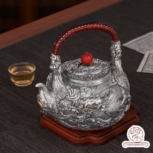 ấm bạc đun nước pha trà nguyên chất 9999 cao cấp chế tác thủ công toàn phần, ấm đun nước bạc nguyên chất