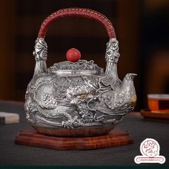 ấm bạc đun nước pha trà nguyên chất 9999 cao cấp chế tác thủ công toàn phần, ấm đun nước bạc nguyên chất