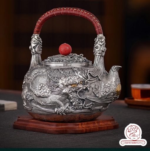 ấm bạc đun nước pha trà nguyên chất 9999 cao cấp chế tác thủ công toàn phần, ấm đun nước bạc nguyên chất