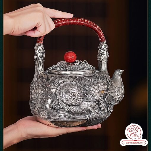ấm bạc đun nước pha trà nguyên chất 9999 cao cấp chế tác thủ công toàn phần, ấm đun nước bạc nguyên chất