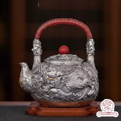 ấm bạc đun nước pha trà nguyên chất 9999 cao cấp chế tác thủ công toàn phần, ấm đun nước bạc nguyên chất