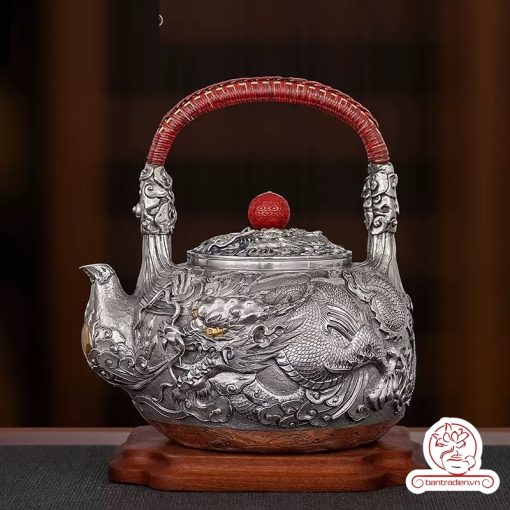 ấm bạc đun nước pha trà nguyên chất 9999 cao cấp chế tác thủ công toàn phần, ấm đun nước bạc nguyên chất