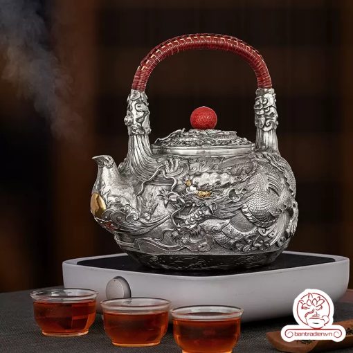 ấm bạc đun nước pha trà nguyên chất 9999 cao cấp chế tác thủ công toàn phần, ấm đun nước bạc nguyên chất