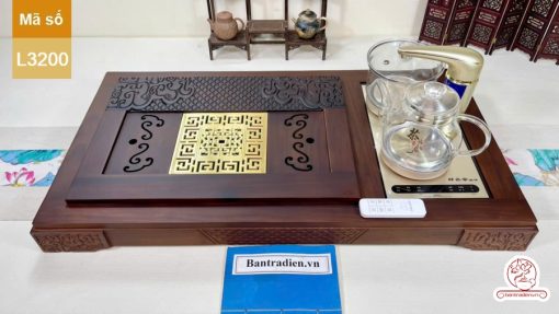 bàn trà điện cao cấp gỗ mun mặt đồng L3200