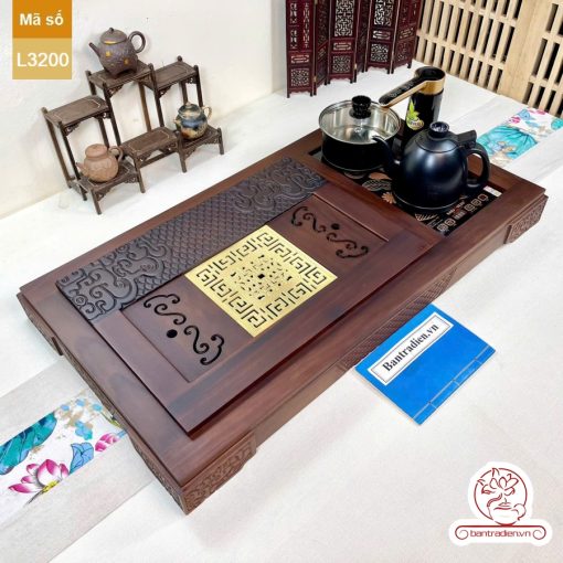 bàn trà điện cao cấp gỗ mun mặt đồng L3200
