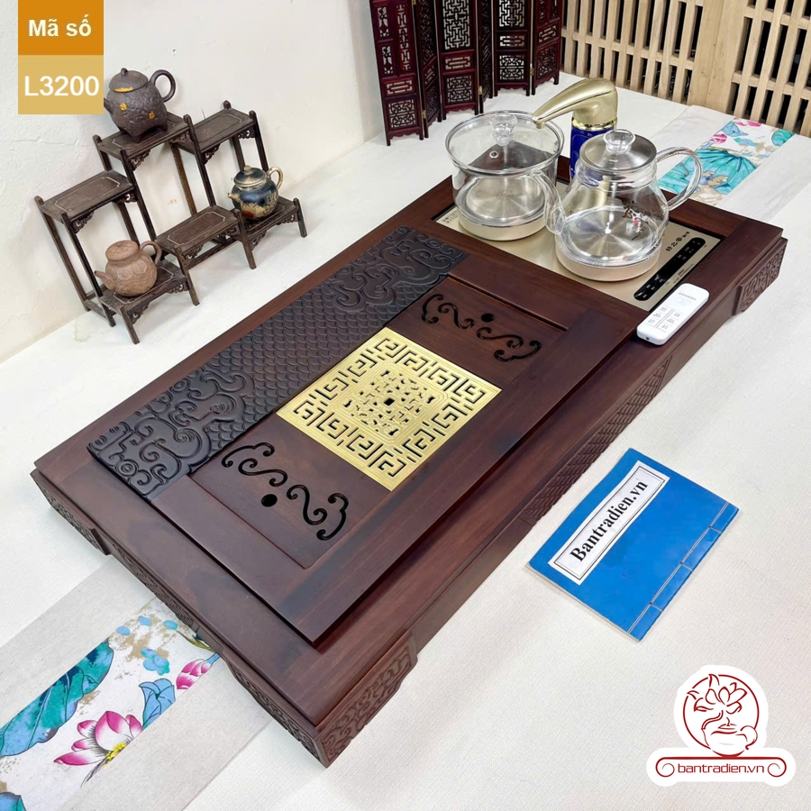 bàn trà điện cao cấp gỗ mun mặt đồng L3200