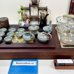 Bộ bàn trà điện thông minh đa năng cao cấp gỗ mun mặt đồng L3208