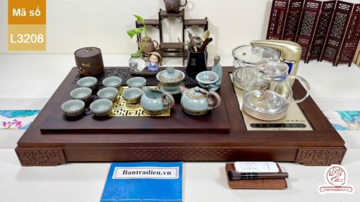 Bộ bàn trà điện thông minh đa năng cao cấp gỗ mun mặt đồng L3208
