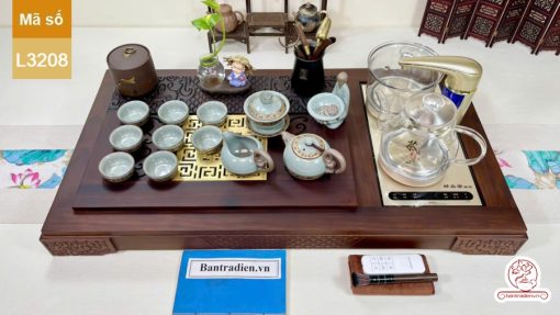 Bộ bàn trà điện thông minh đa năng cao cấp gỗ mun mặt đồng L3208