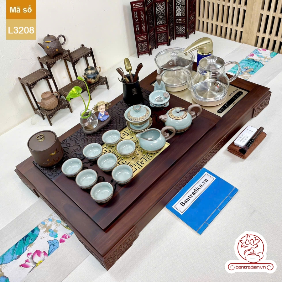 Bộ bàn trà điện thông minh đa năng cao cấp gỗ mun mặt đồng L3208