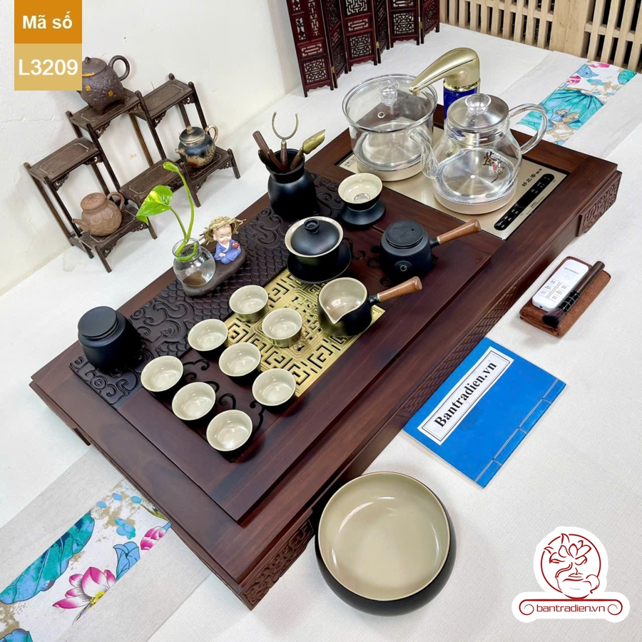 Bộ bàn trà điện thông minh đa năng cao cấp gỗ mun mặt đồng L3209