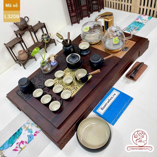 Bộ bàn trà điện thông minh đa năng cao cấp gỗ mun mặt đồng L3209