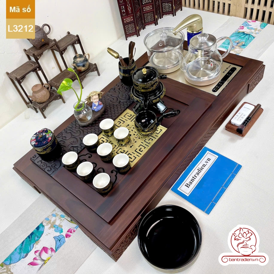 Bộ bàn trà điện thông minh đa năng cao cấp gỗ mun mặt đồng L3212