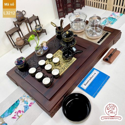 Bộ bàn trà điện thông minh đa năng cao cấp gỗ mun mặt đồng L3212