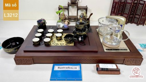 Bộ bàn trà điện thông minh đa năng cao cấp gỗ mun mặt đồng L3212