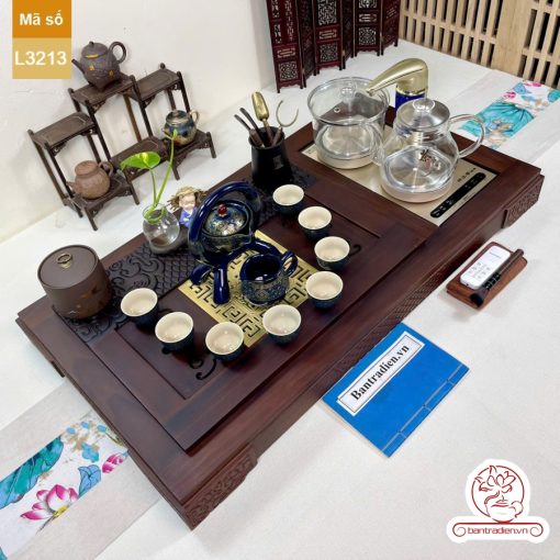 Bộ bàn trà điện thông minh đa năng cao cấp gỗ mun mặt đồng L3213